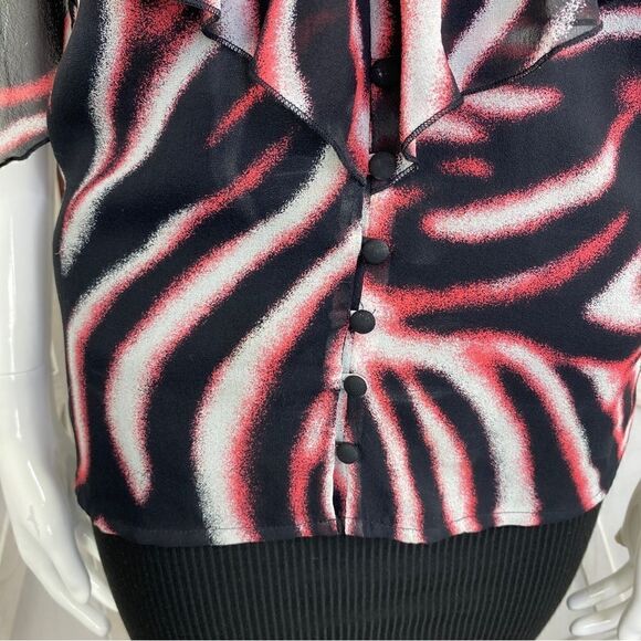 Bebe Printed Silk Chiffon Ruffle Trim Halter Neck Blouse Pink Black XS - Picture 6 of 12